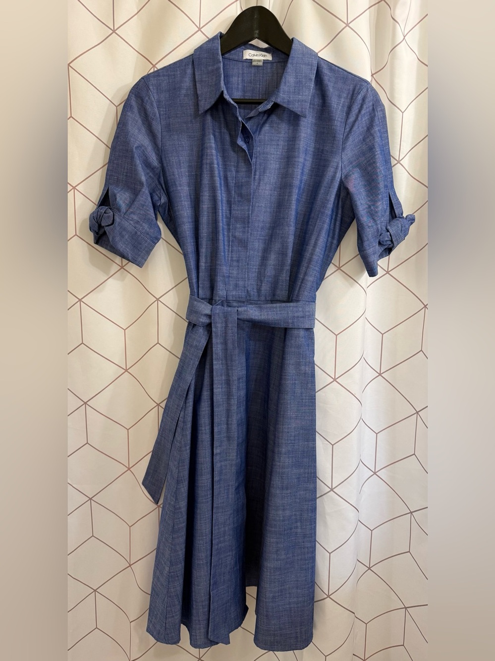 Calvin Klein Chambray Blue Midi Shirt Dress with Tie Belt and Pockets